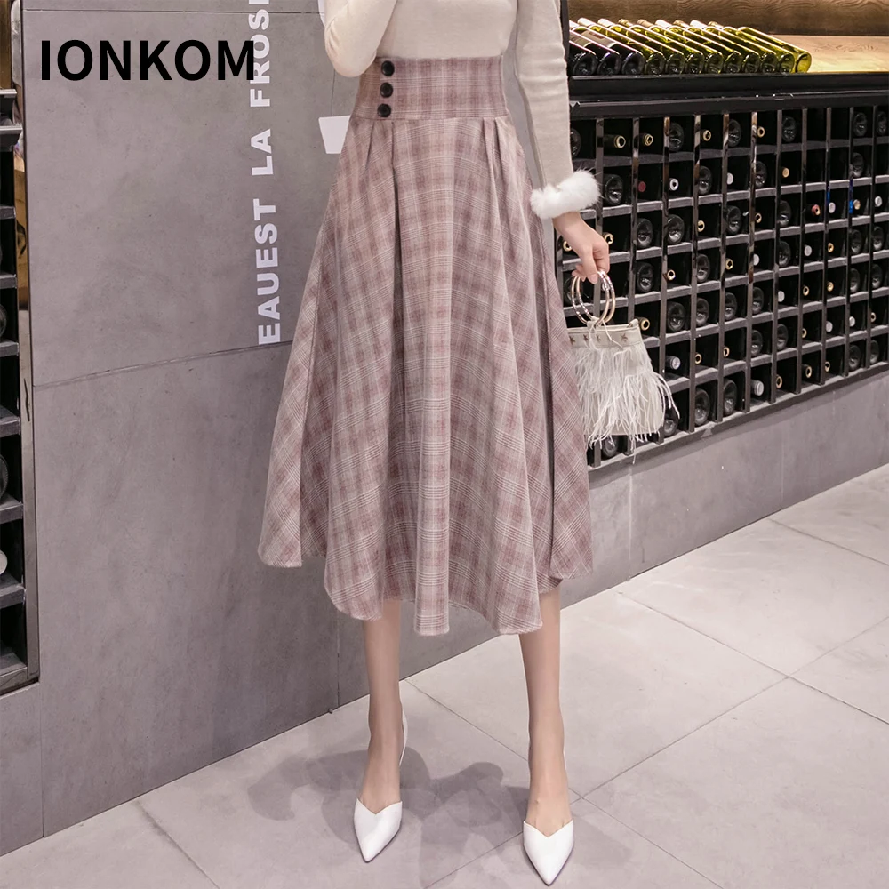 IONKOM Офисная Женская клетчатая юбка с завышенной талией, элегантная юбка миди, Женская юбка на пуговицах, юбка-трапеция, осенняя женская повседневная юбка