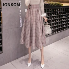 IONKOM Офисная Женская клетчатая юбка с завышенной талией, элегантная юбка миди, Женская юбка на пуговицах, юбка-трапеция, осенняя женская повседневная юбка