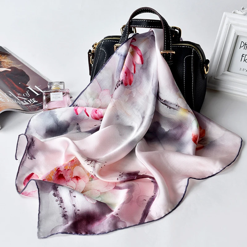 

100% Real Silk Square Neckerchief 65*65cm 2019 Hangzhou Silk Kerchief Wraps for Ladies Printed Bandana Square Silk Neck Scarf