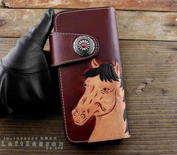 

Women Ladies Hamdmade Leather Billfold Long Wallet Purse Carved