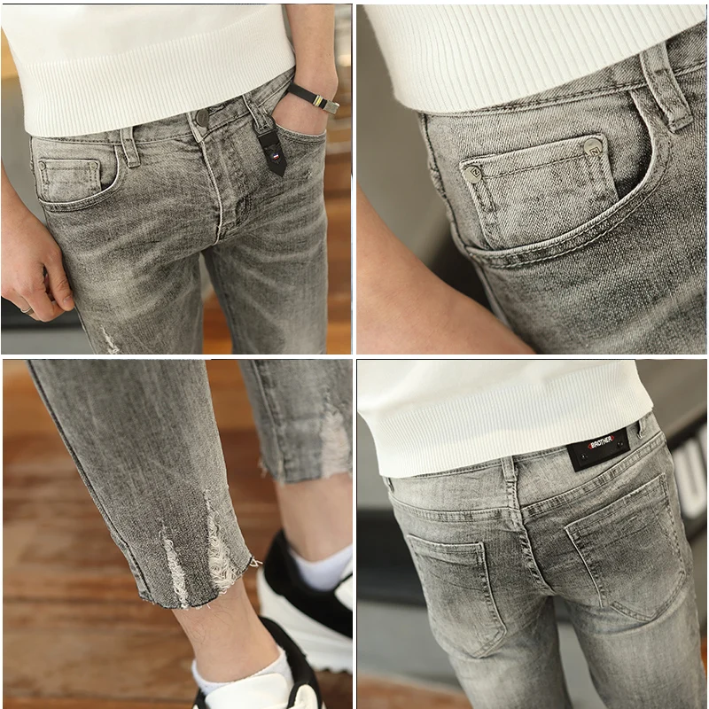 2019 spring men's new denim 9 points pants tide men's hole slim slim feet pants youth simple jeans