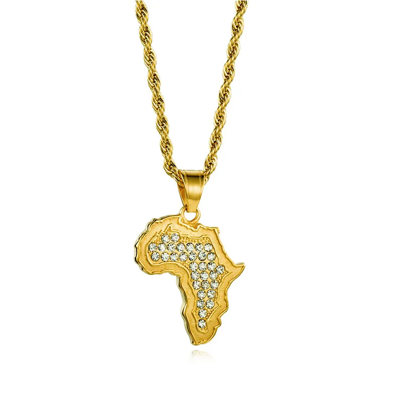 Stainless Steel Crystal Africa Map Pendant Necklace Charm Golden 3MM Rope Chain Religious Jewelry Metal Men Gifts | Украшения и
