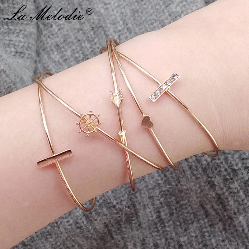 

New 5pcs/set Gold Color Alloy Open Cuff Bangles For Women's Gifts Hearts Rudders Arrows Shaped Bracelet/Bangles Women Jewelry