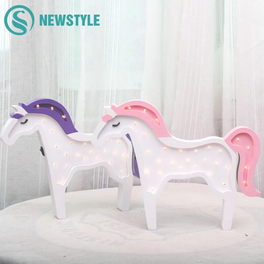 

Ins Style Wooden Unicorn LED Night Light Nordic Bedroom Wall Lamps Battery Powered Desk Lamp for Baby Children Kids Gift