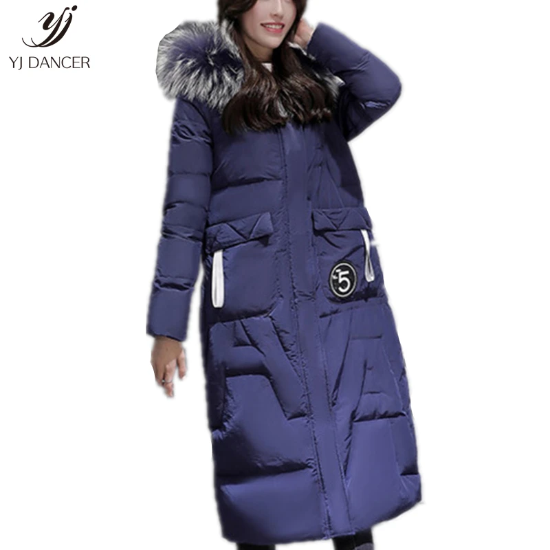 

Down Jacket Female Long Section 2018 Fashion New Winter Wear knee Thickening White Duck Hooded Fur Collar Coat Tide H0209