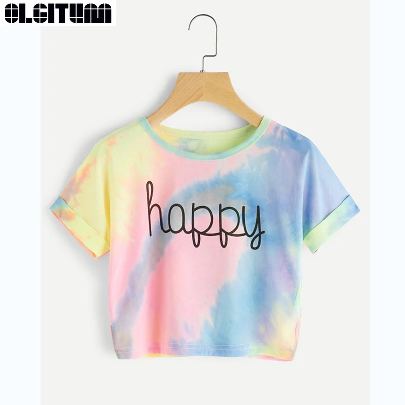 

T-Shirt Pastel Tie Dye Women Letter Print Tee Beach-to-Bar Night Club Party Short Crop T-shirts 2019 Summer TT484