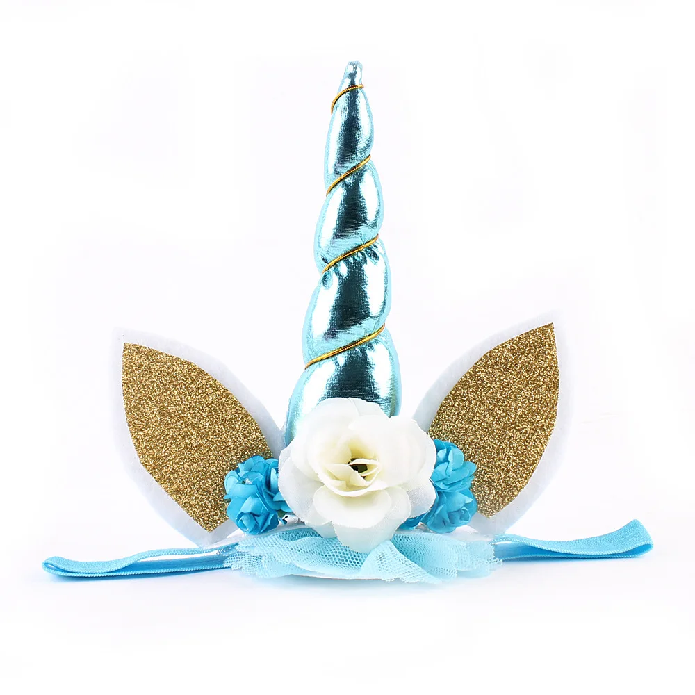 Yundlfy Cute Lace Elastic Unicorn Hair Band Flower Headband Hair Accessories Lovely Kids Crown Headwear Birthday Gift cute baby accessories