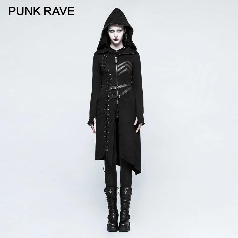

PUNK RAVE Gothic Asymmetric Sweater Coats Steampunk Rock Harajuku Punk Cosplay Jackets Retro Women Casual Hooded Witch Coat