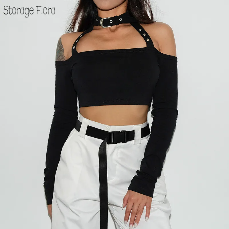 

Storage Flora Sexy & Club Women Metal Buckles Halter Crop Long Sleeve Black T-shirt Slim Navel Bare Crop Top Slash Neck Tees