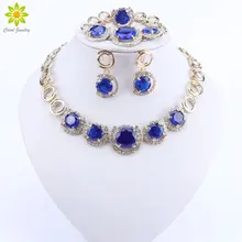 Дизайн золотого цвета, ювелирное изделие, синее циркониевое ожерелье, браслет, серьги, кольцо, ювелирные наборы для женщин, вечерние ювелирные изделия, набор