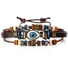 New Ethnic Cuff Bracelet for Men Turkish Evil Eye Charms Bracelets Multilayer Leather Bracelet Beads Adjustable Jewelry Bijour