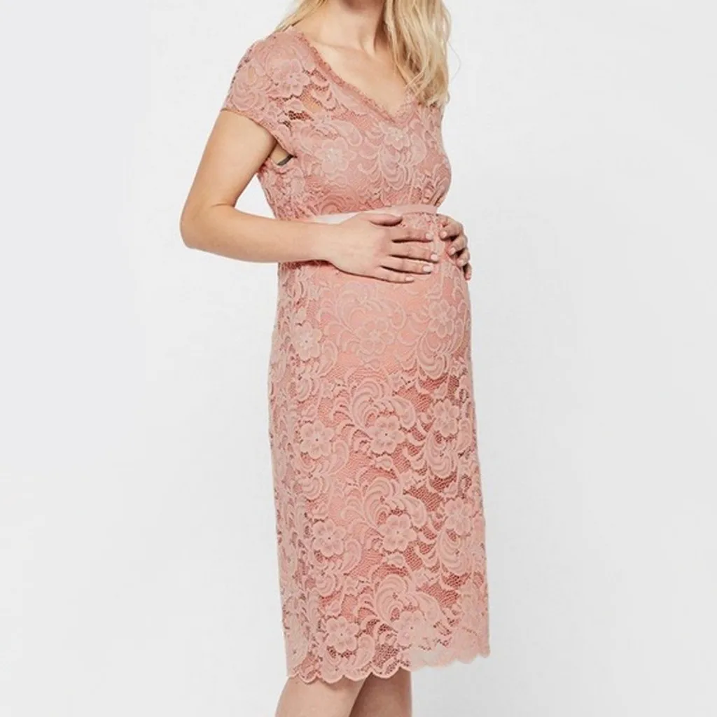 Женские платья для беременных; летнее кружевное Элегантное повседневное вечернее платье с цветочным узором для кормящих мам; Розовая Одежда для беременных; Vetement Femme 19A30