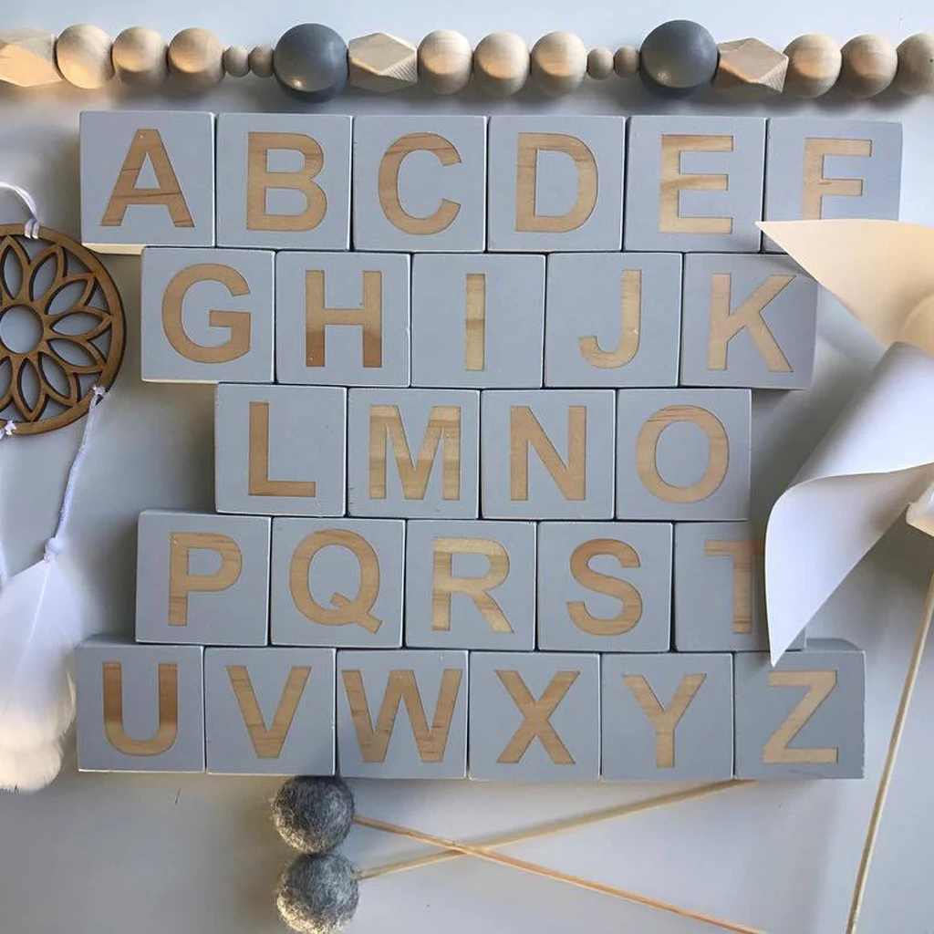 26Pcs Wooden English Alphabet Block Letters Kids Educational Game Toys Wood DIY Craft Home Wedding Party Decor Photo Prop