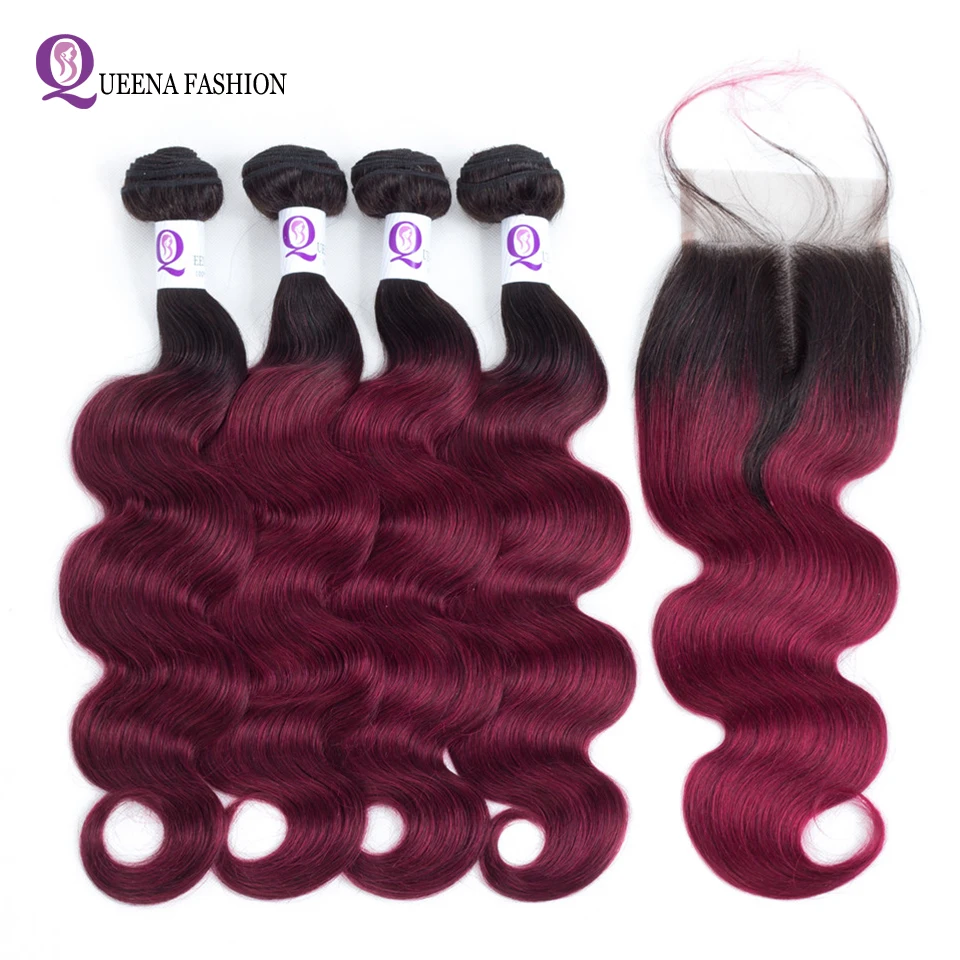 

Burgundy Bundles With Closure Professional 1B/Burgundy Human Hair Peruvian Body Wave Ombre Hair 4 Bundles Pack With Closure 5Pcs