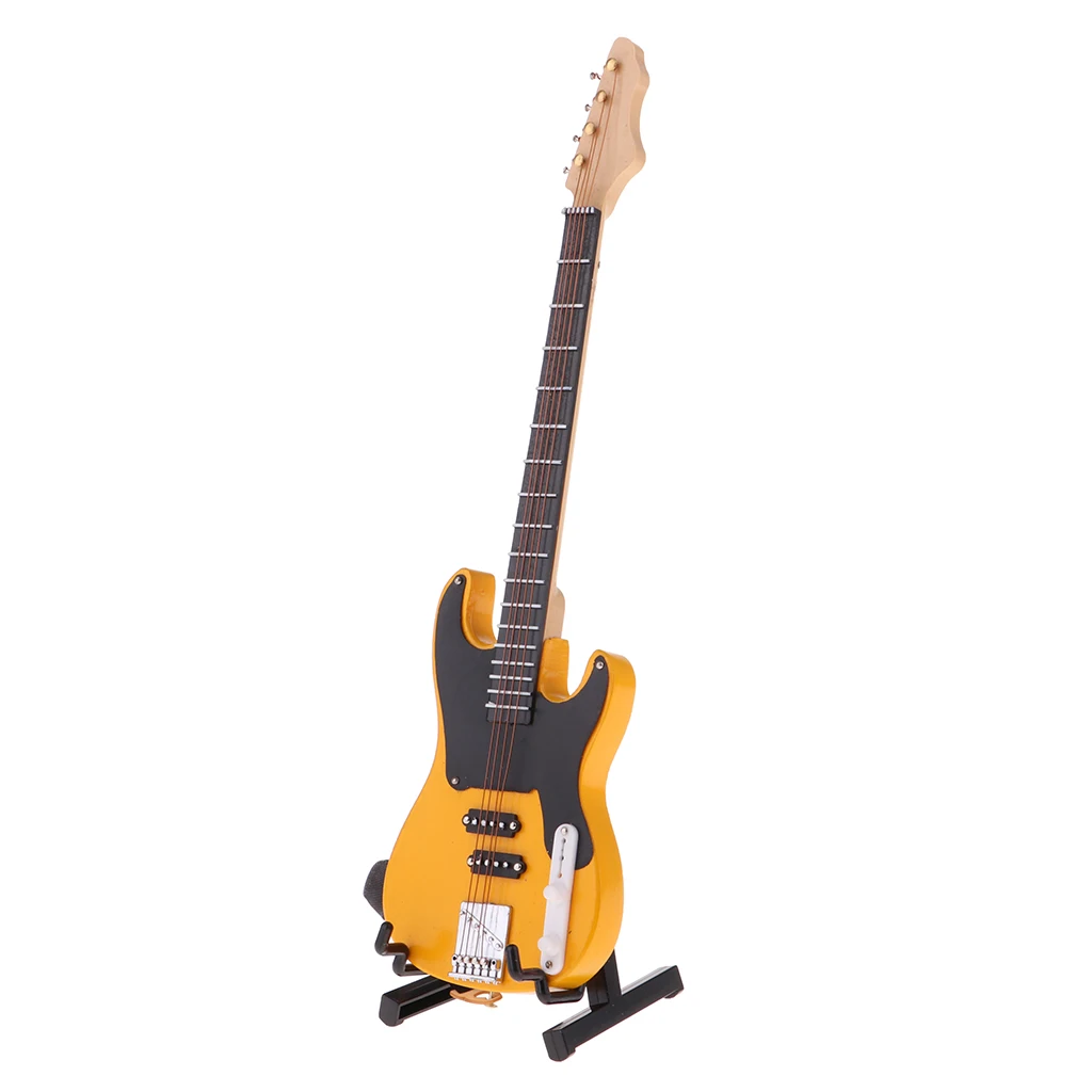 1/6 BJD Wooden Electric Bass Model with Stand and Strap Dolls House Miniature Display Decor Yellow