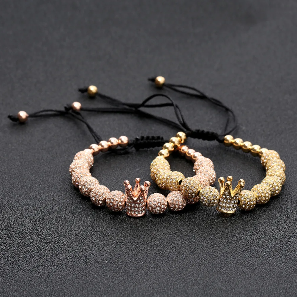 

PINIYA Fashion Micro Pave Cubic Zircon Imperial Crown Bracelet 8mm Gold Color CZ Copper Ball Women Braiding Macrame Bracelet