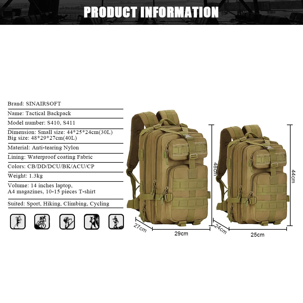 SINAIRSOFT 30L-40L 3P охотничий рыболовный Змеиный тактический рюкзак военный походный рюкзак спортивные туристические рюкзаки S410/S411