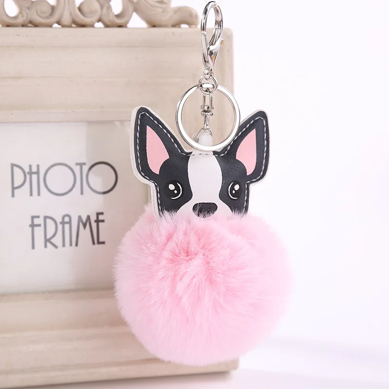 Симпатичные Помпона брелок Doggy Dog щенок брелок пушистый искусственный мех кролика мяч Pom Брелки Кольца для Для женщин автомобиля сумка - Цвет: pink