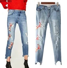 Freeshipping джинсы женщина джинсы женщина джинсы femme 2017 хлопок Золотая Рыбка вышивка Личность лодыжки Отверстие в джинсы хорошее качество