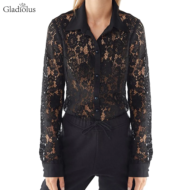 

Gladiolus Lace Shirt Women Hollow See Through Turn-Down Collar Long Sleeve Sexy Shirt Women 2019 Black Womens Tops And Blouses