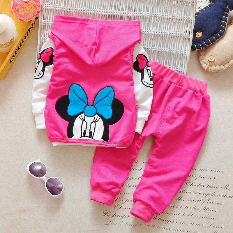 Baby Girls Minnie Mickey Clothing Set Children Spring Autumn 3Pcs Sets Hooded Jacket Coat Vest Pants Suits Kids Cartoon Clothes 3