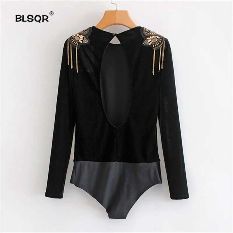 النساء الأسود المخملية داخلية سلاسل فو الماس عودة قطع طويل كم Playsuits الإناث خمر قمم Blusas