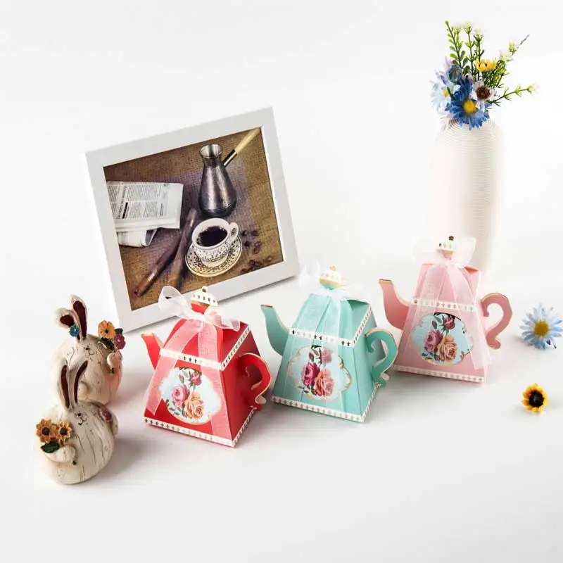 10PCS Royal Teapot Cup Wedding Favor Boxes Bonbonniere Gift Candy Box with Ribbons for Wedding, Birthday Party Decorations