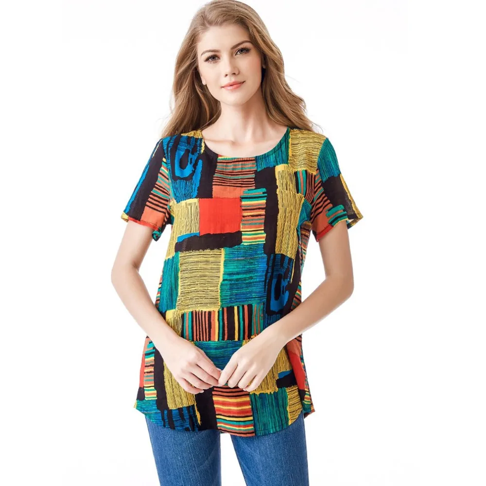 Download Bohemia Style T Shirt Vintage Colorful Stripe Printed Round Neck Shirt Casual Female Shirt Tops ...