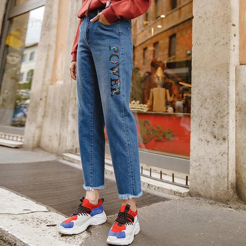 

INMAN 2019 Spring Autumn Trousers Mid Waist Fur Open Line Women Embroidery Ankle Length Jeans Pants