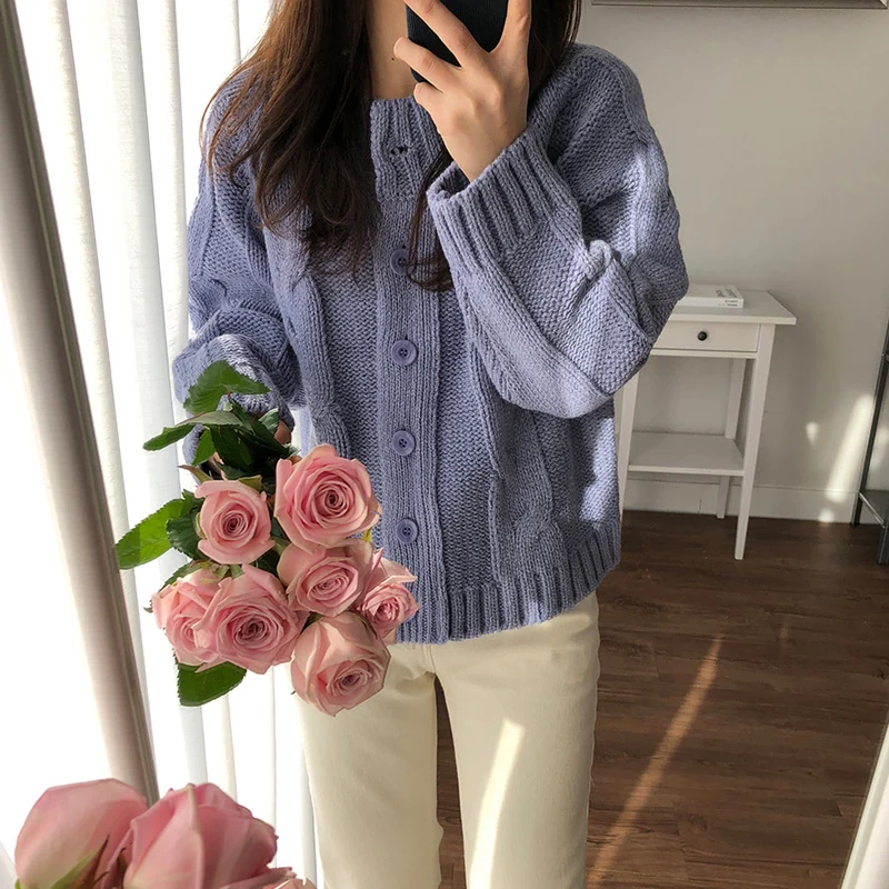 Women's Cardigan Sweater Long Sleeve Button Down Soft Knit thick Sweater Coats Purple