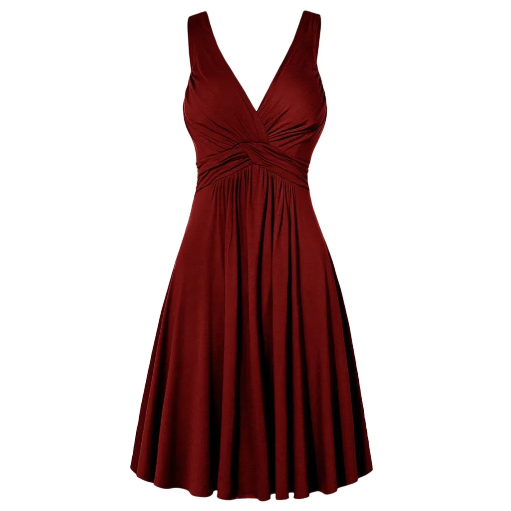 

JAYCOSIN sunmmer Dress Women Plus Size loose Solid V-neck Sleeveless Retro Sling Pleated Slim Flare party sundress vestidos 9724
