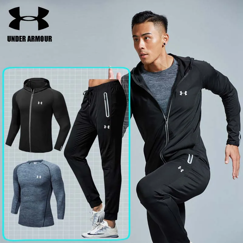 

Under Armour Gym Clothing Men workout gym wear 3 pieces quick dry Training Running Sets fitness clothing ropa deportiva hombre