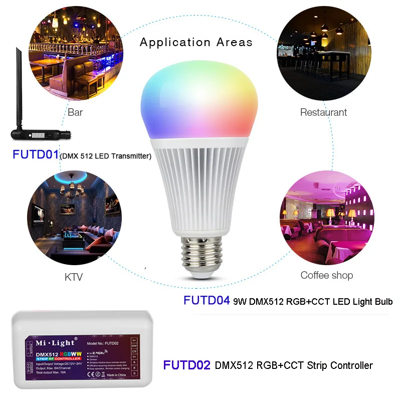 

Miboxer DMX512 RGB+CCT E27 9W LED Light Bulb Lamp,DMX 512 LED Transmitter,DMX512 RGB+CCT Strip Controller,FUTD01/FUTD04/FUTD02