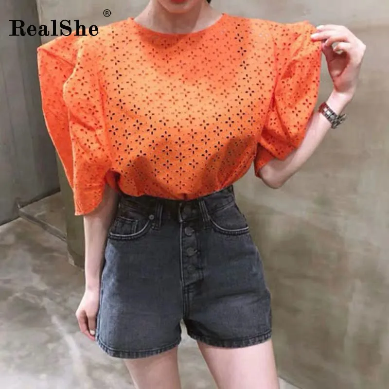 

RealShe Blouse Women O-Neck Half Lantern Sleeve Hollow Out Womens Tops And Blouses Summer Loose Womens Shirt Women Shirts 2019