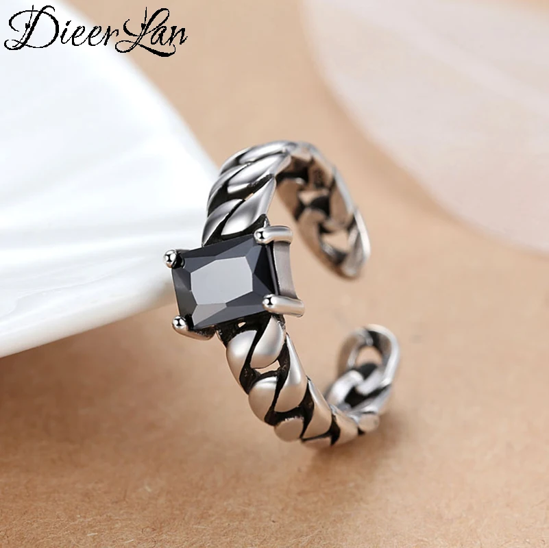 

DIEERLAN Bohemian Punk 925 Sterling Silver Black Zircon Ring for Women Ladies Retro Vintage Antique Finger Rings Wedding Jewelry