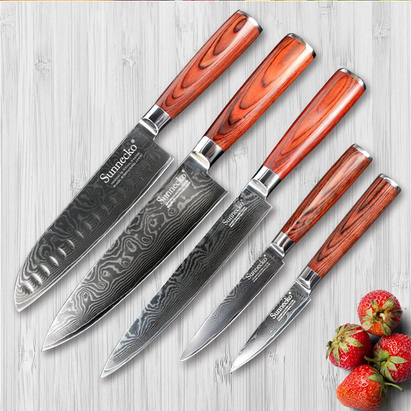 SUNNECKO 5 шт. Кухня ножи комплект Мультиплеер японский VG10 Дамаск Сталь нож сантоку нож для шеф-повара Pakka деревянной ручкой