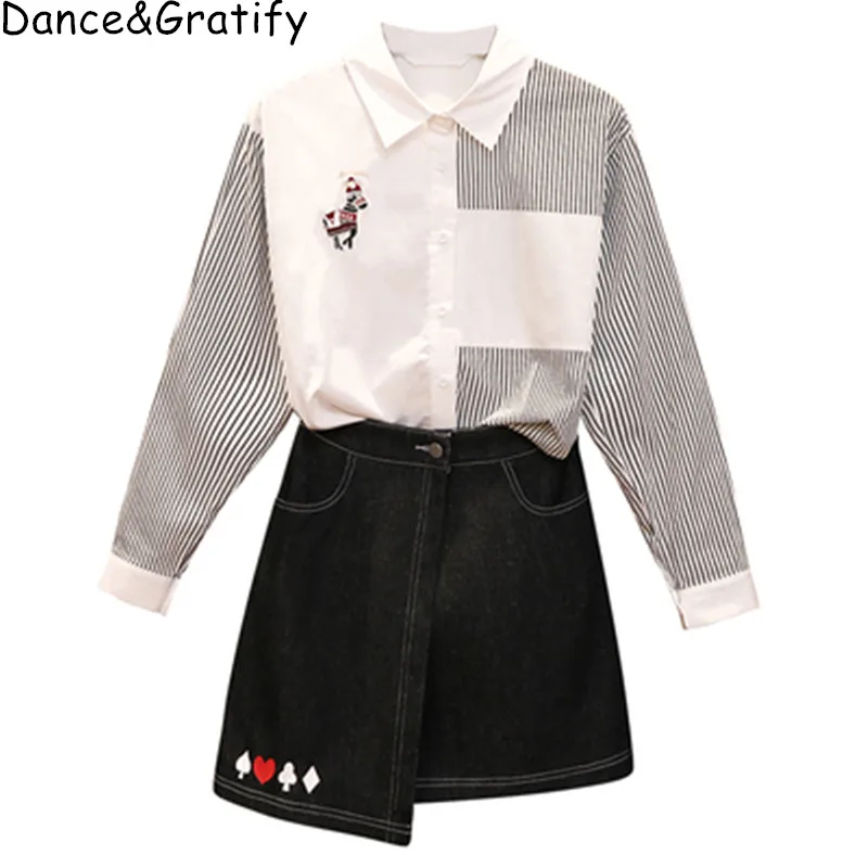

New 2019 Luxury Style Spring Women Long Sleeve Striped Shirts + Sweet Skirt 2 pcs suits Big Size 3XL 4XL Set