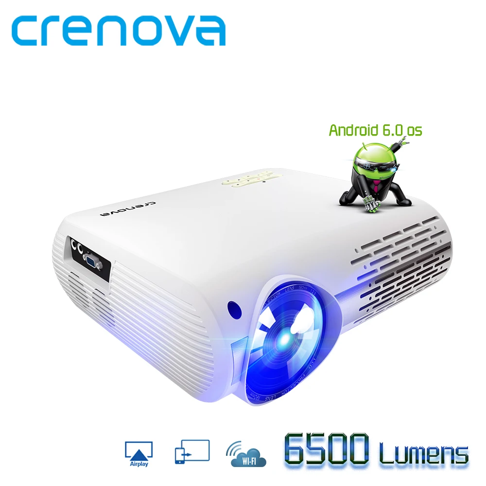 

CRENOVA Highest Brightness Android Projector 6500 Lumens Android 6.0 OS With WIFI Bluetooth HDMI VGA AV USB Video Projector