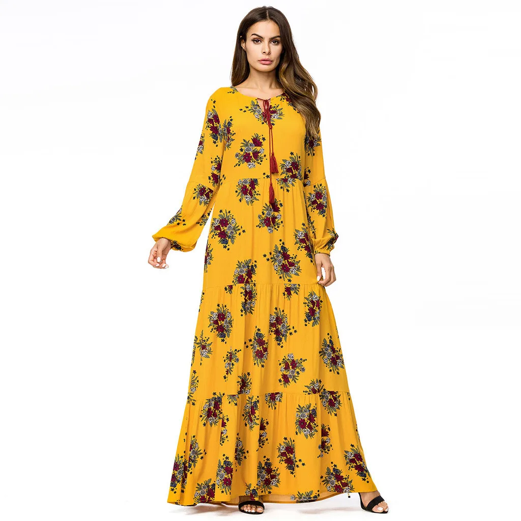 KLV Abayas женская мусульманская одежда с цветочным принтом модное Макси мусульманское платье Кафтан Дубай, Турция Халат средней Восточной