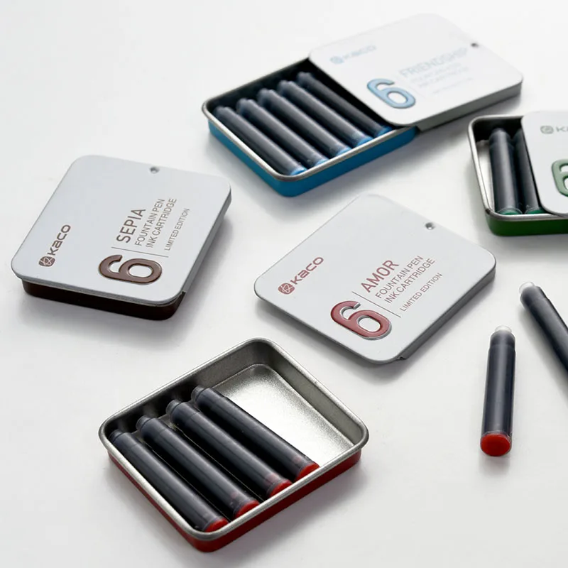 

12pcs Kaco Limited Edtion Ink Cartridge Portable Red Green Brown Lake-blue Fountain Pen Ink Cartridges with Metal Box