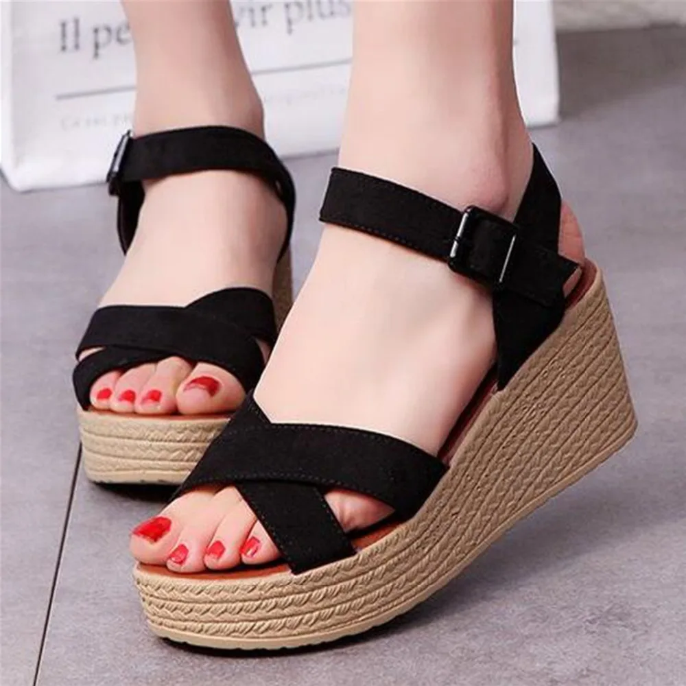 

Vasde Walk Summer Buckle Women's Sandals Velvet Flock Fish Mouth Fashion high Heel Platform Peep Toes Women Sandals Shoes Wedges