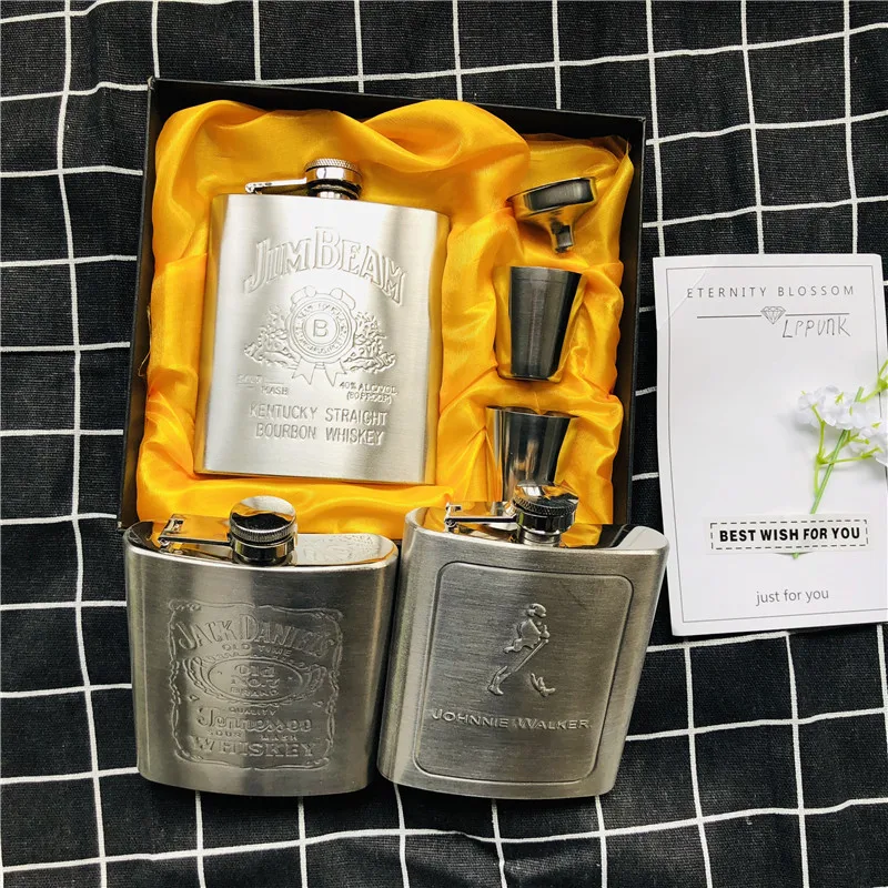 

Hot sales bpa free 7oz whisky Imprint Whisky vodka flagon 304Stainless steel alcohol liquor Jack hip flask festival gift box set