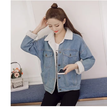 

Women Winter Lambs Woolen Denim Jacket Short Boyfriend Loose Long Sleeves Plus Size Velvet Thick Cotton Denim Coat H341