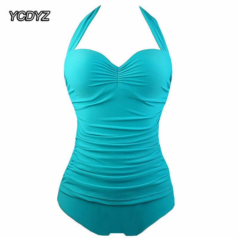 

YCDYZ 2018 Solid Retro One Piece Swimsuit Big Size Swimwear Female Full Cover Bathing Suit Halter Neck Beachwear Women Bodysuit
