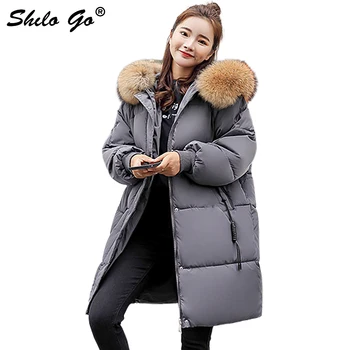 

Korea Bakery Fur collar hooded women parkas long coat Winter button oversize coat cotton coat thicken outwear female