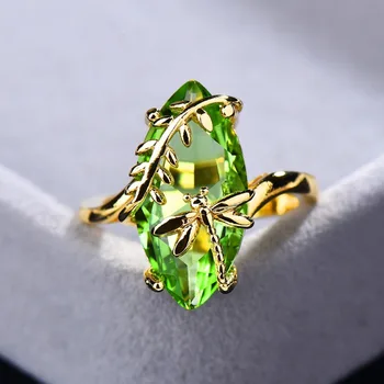 

Cute Fashion Crystal Green Dragonfly Ring Female Gold Color Animal Wedding Jewelry Promise Engagement Rings For Women