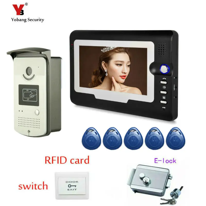 

Yobang Security 7" Video Intercom Door Phone System With 1 black Monitor 5pcs RFID Card Reader HD Doorbell Camera
