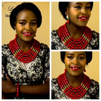 

Laanc Brand Nigerian Wedding African Beads Jewelry Set Red Coral Beads Necklace Jewelry AL274