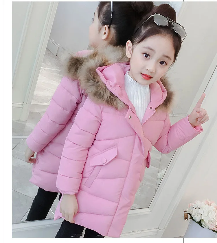 New 2018 Children Outwear Tops Winter Jacket For Girls Fashion Fur Hooded Thick Cotton-Padded Kids Long Coat Solid Parka Clothes (4)