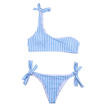 

TRYNNA Biquini Blue Vertical Strip Print Bikini Swimwear Women Single Shoulder Strap Two Piece Swimsuit Belt with Chest Pad